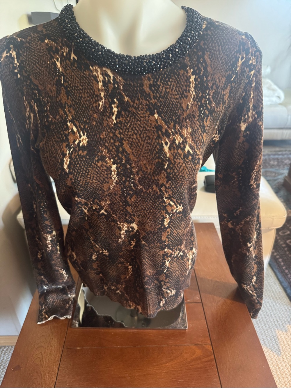 INC International Concepts Brown Snake-Print Long Sleeve Top with Beaded Neck